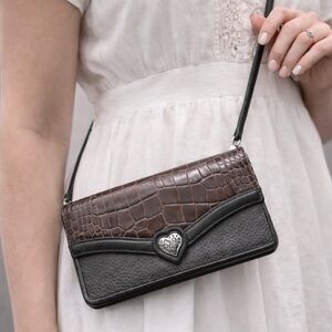 Brighton Croc-Embossed Brown and Black Crossbody Wallet